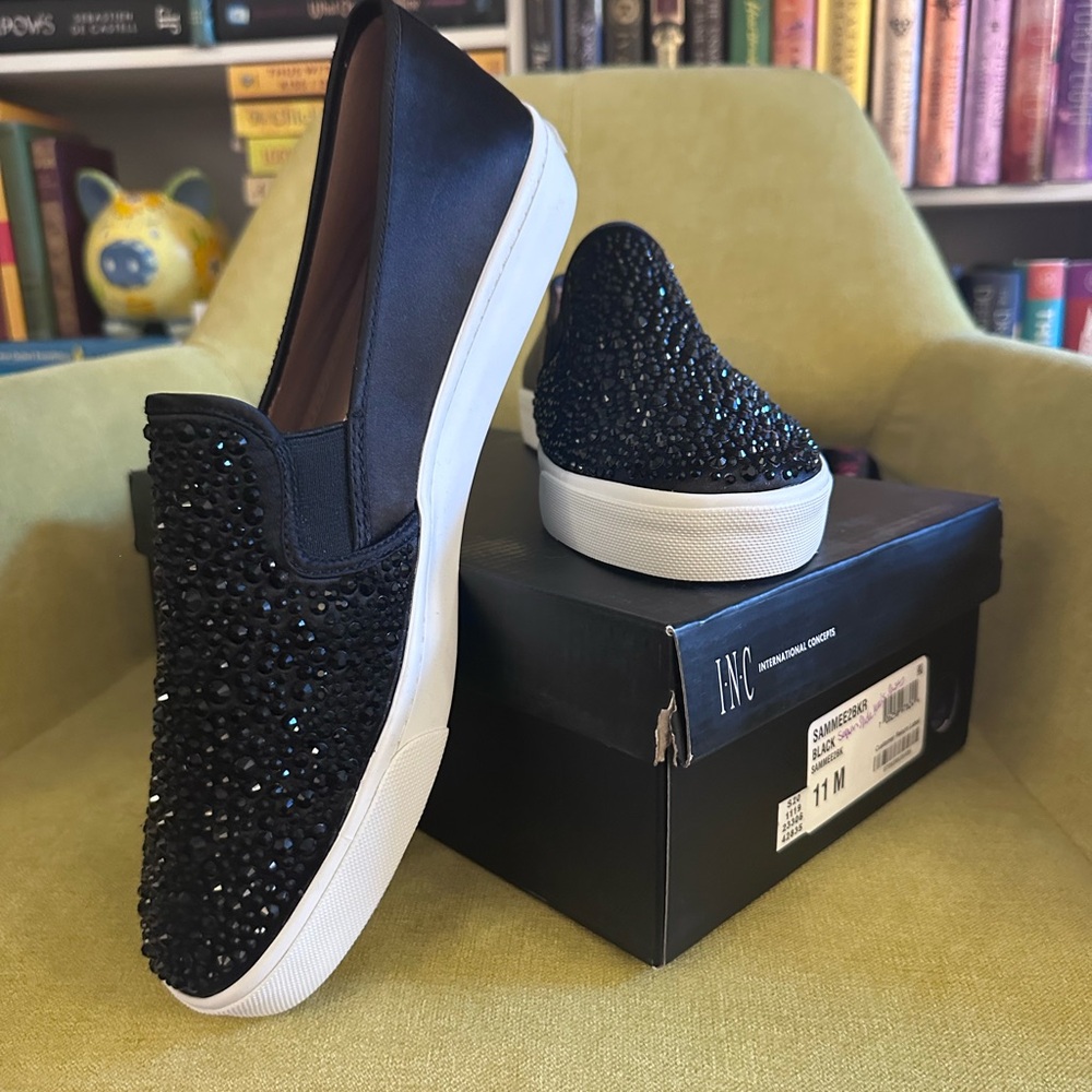INC International Concepts Women's Black Crystal Encrusted Slip-On Sneakers